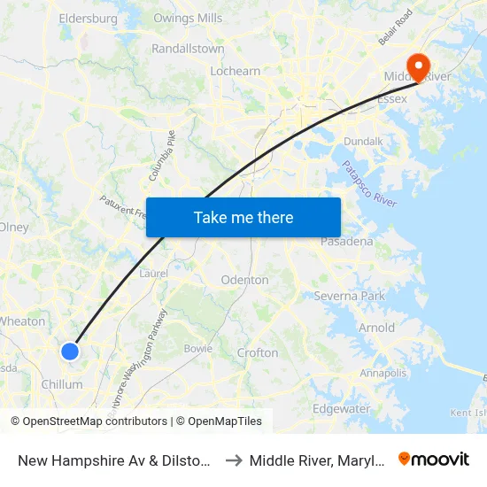 New Hampshire Av & Dilston Rd to Middle River, Maryland map
