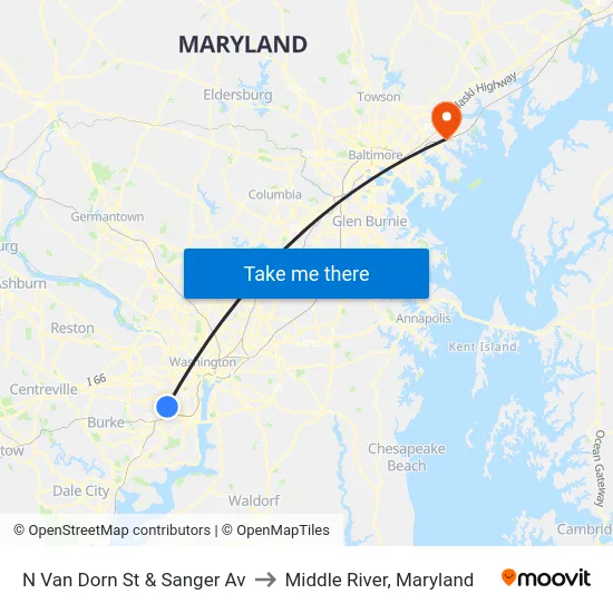 N Van Dorn St &    Sanger Av to Middle River, Maryland map