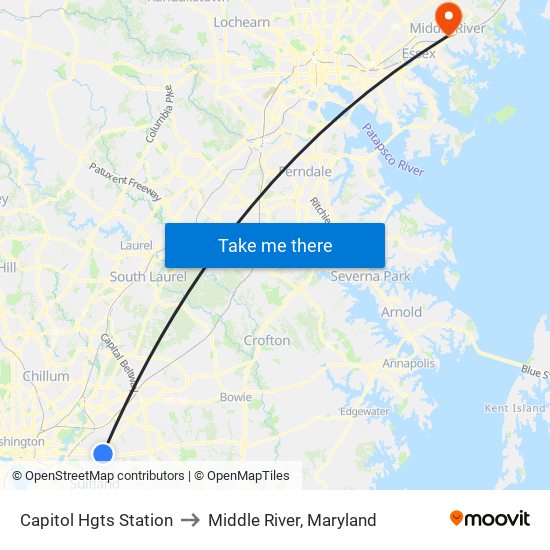 Capitol Hgts Station to Middle River, Maryland map