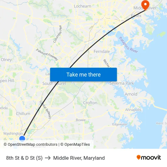 8th St & D St (S) to Middle River, Maryland map
