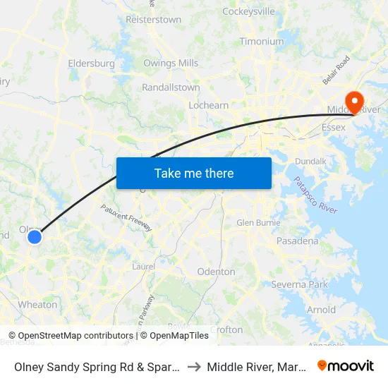 Olney Sandy Spring Rd & Spartan Rd to Middle River, Maryland map