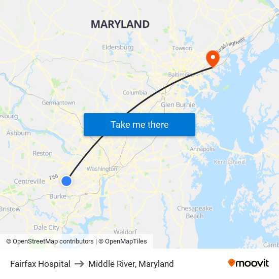 Inova Fairfax Hospital to Middle River, Maryland map