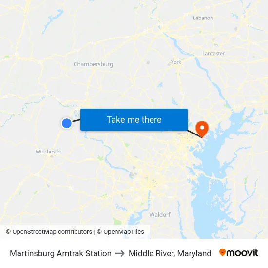 Martinsburg Amtrak Station to Middle River, Maryland map
