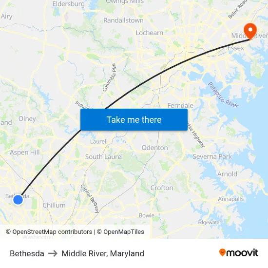 Bethesda to Middle River, Maryland map
