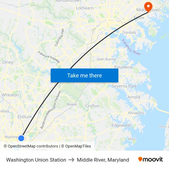 Washington Union Station to Middle River, Maryland map