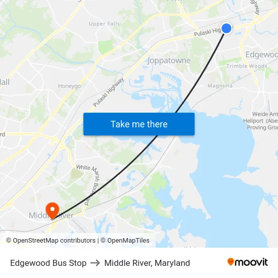 Edgewood Bus Stop to Middle River, Maryland map