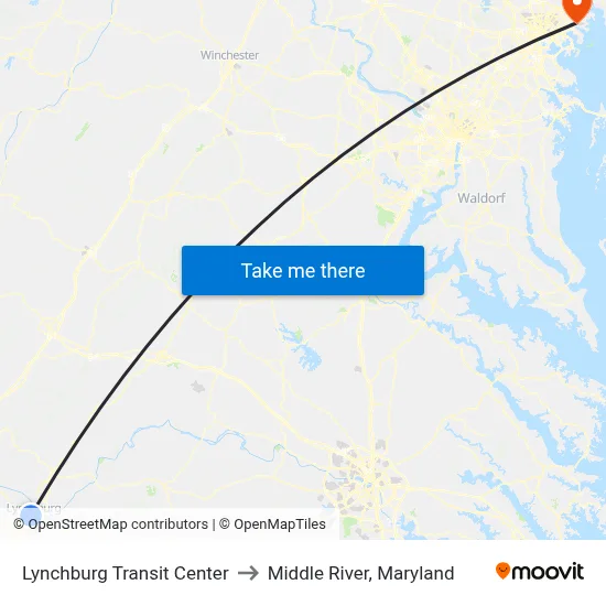 Lynchburg Transit Center to Middle River, Maryland map