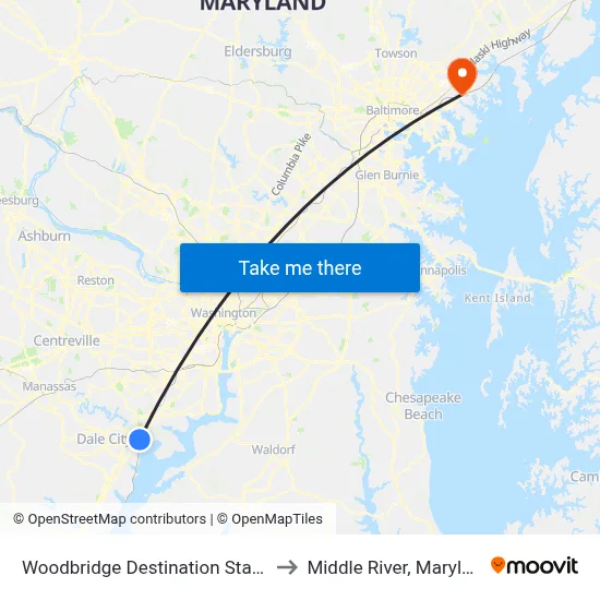 Woodbridge Destination Station to Middle River, Maryland map
