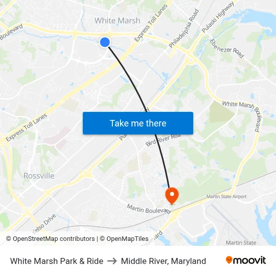 White Marsh Park & Ride to Middle River, Maryland map