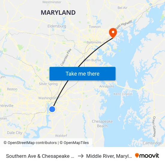 Southern Ave & Chesapeake St Se to Middle River, Maryland map