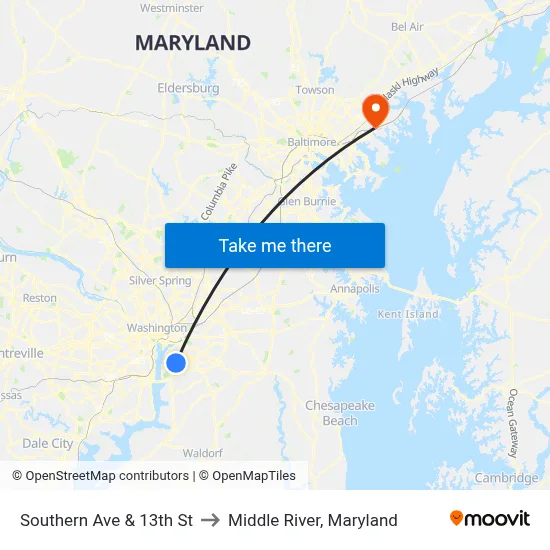 Southern Ave & 13th St to Middle River, Maryland map