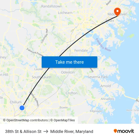 38th St & Allison St to Middle River, Maryland map