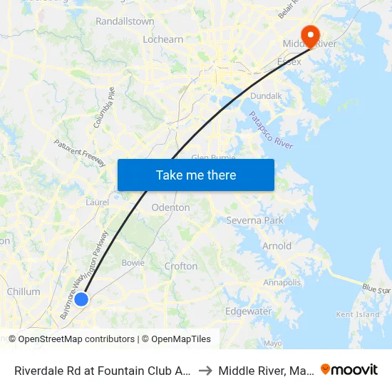 Riverdale Rd at Fountain Club Apartments to Middle River, Maryland map