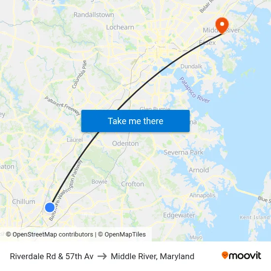 Riverdale Rd & 57th Av to Middle River, Maryland map