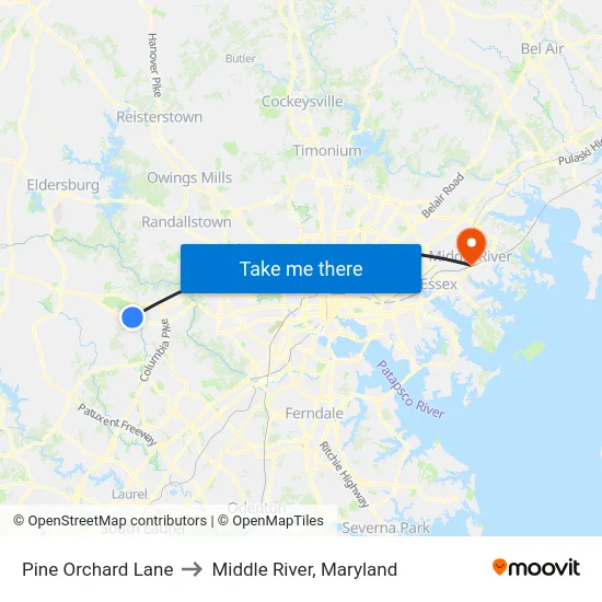 Pine Orchard Lane to Middle River, Maryland map