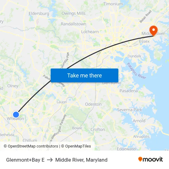 Glenmont+Bay E to Middle River, Maryland map