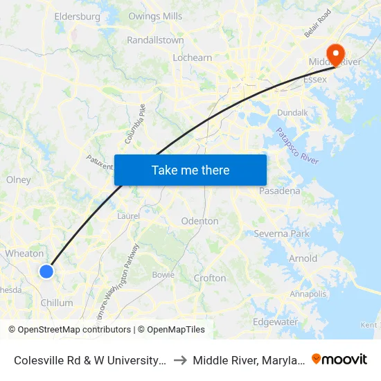 Colesville Rd & W University Bv to Middle River, Maryland map