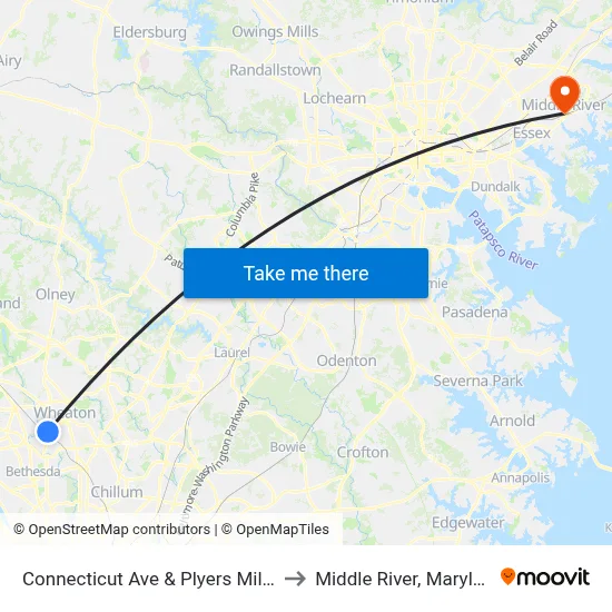 Connecticut Ave & Plyers Mill Rd to Middle River, Maryland map