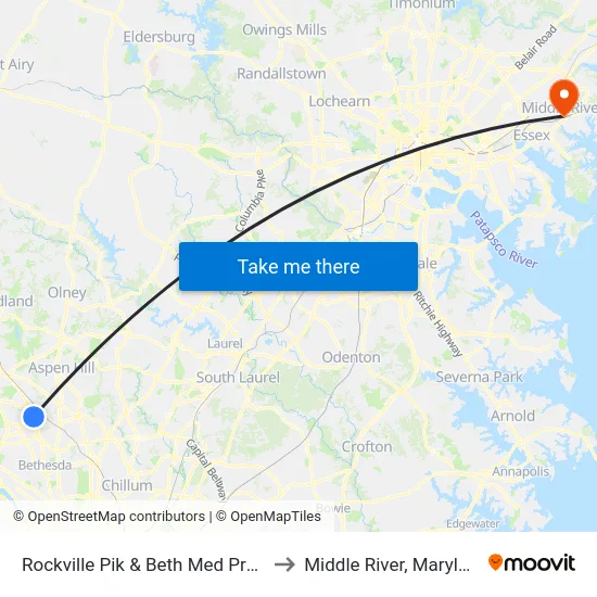 Rockville Pik & Beth Med Prk Dr to Middle River, Maryland map
