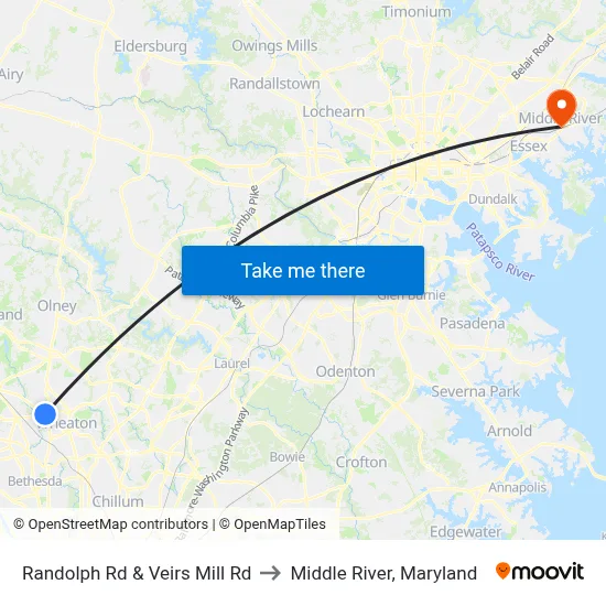 Randolph Rd & Veirs Mill Rd to Middle River, Maryland map
