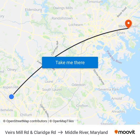 Veirs Mill Rd & Claridge Rd to Middle River, Maryland map