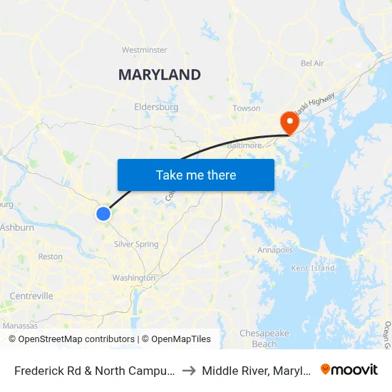 Frederick Rd & North Campus Dr to Middle River, Maryland map