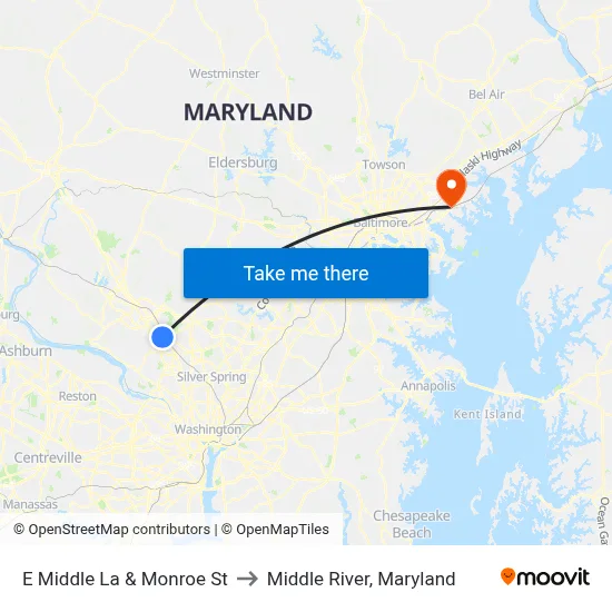 E Middle La & Monroe St to Middle River, Maryland map