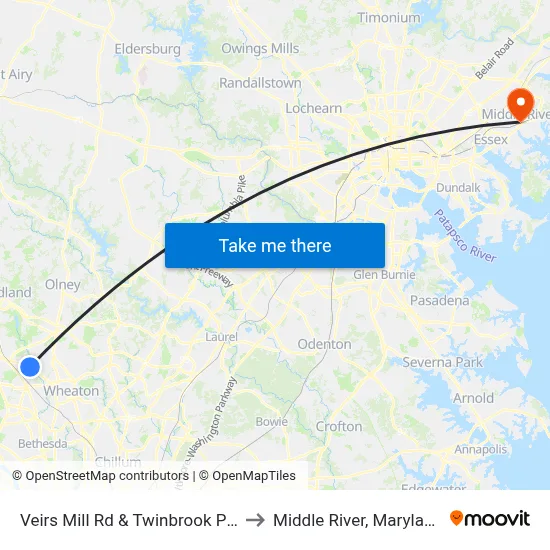 Veirs Mill Rd & Twinbrook Pw to Middle River, Maryland map