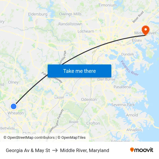 Georgia Av & May St to Middle River, Maryland map