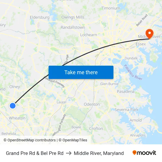 Grand Pre Rd & Bel Pre Rd to Middle River, Maryland map