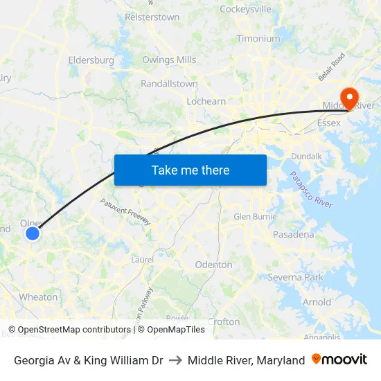 Georgia Av & King William Dr to Middle River, Maryland map