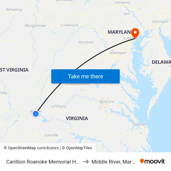 Carillion Roanoke Memorial Hospital to Middle River, Maryland map
