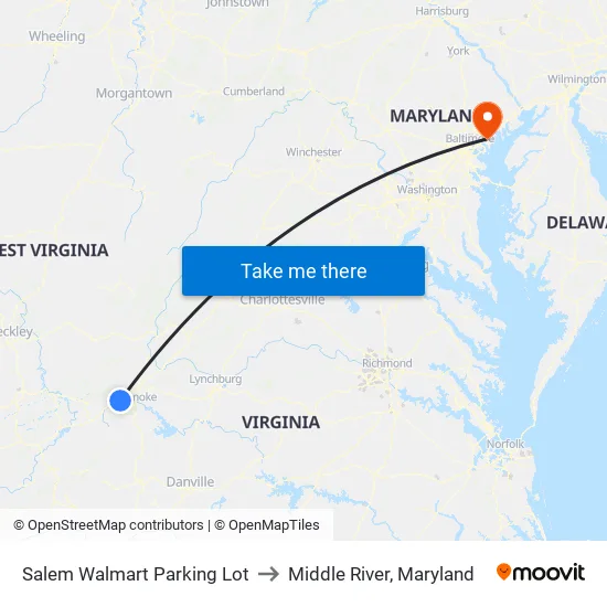 Salem Walmart Parking Lot to Middle River, Maryland map