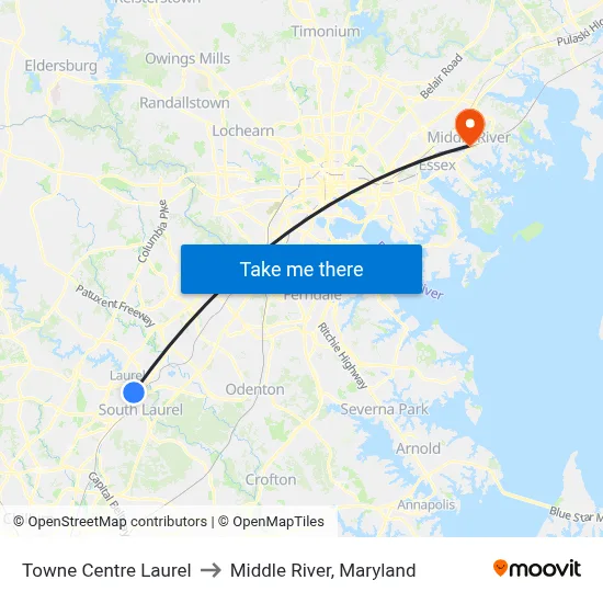 Towne Centre Laurel to Middle River, Maryland map