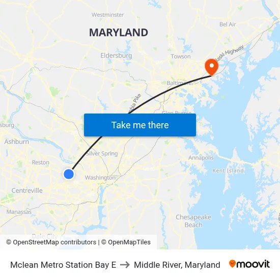 Mclean Metro Station Bay E to Middle River, Maryland map