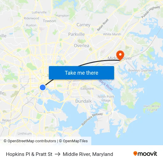 Hopkins Pl & Pratt St to Middle River, Maryland map