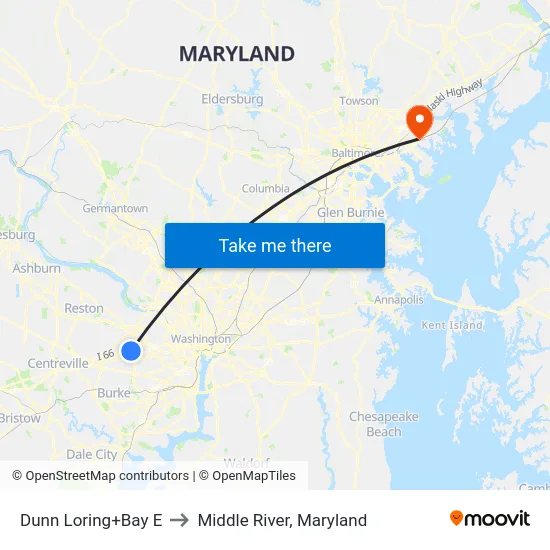 Dunn Loring+Bay E to Middle River, Maryland map