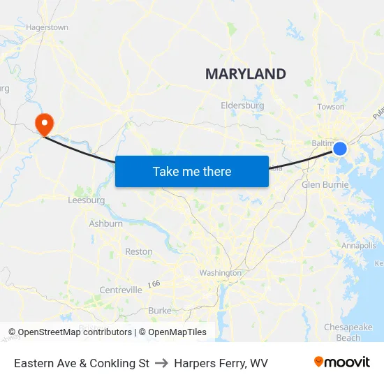 Eastern Ave & Conkling St to Harpers Ferry, WV map