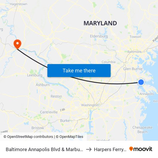 Baltimore Annapolis Blvd & Marbury Rd Sb to Harpers Ferry, WV map