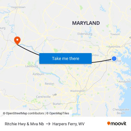 Ritchie Hwy & Mva Nb to Harpers Ferry, WV map