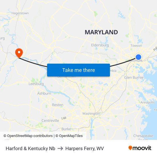 Harford & Kentucky Nb to Harpers Ferry, WV map