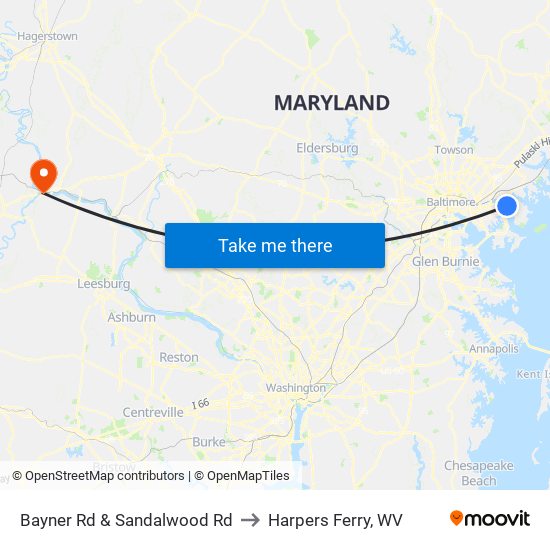 Bayner Rd & Sandalwood Rd to Harpers Ferry, WV map