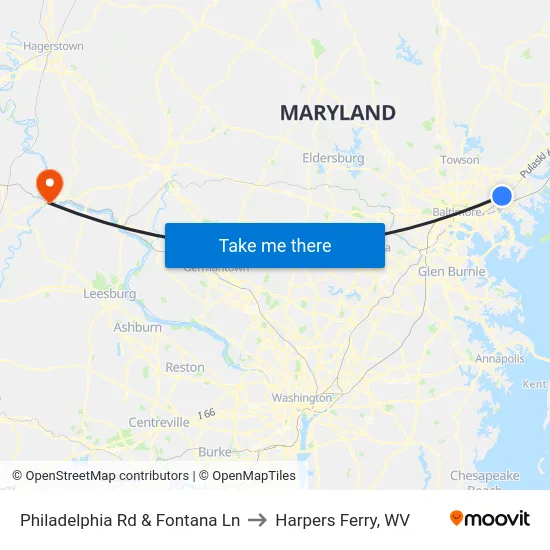 Philadelphia Rd & Fontana Ln to Harpers Ferry, WV map
