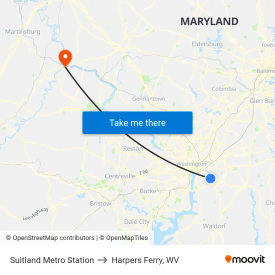 Suitland Metro Station to Harpers Ferry, WV map