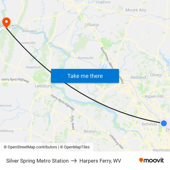 Silver Spring Metro Station to Harpers Ferry, WV map