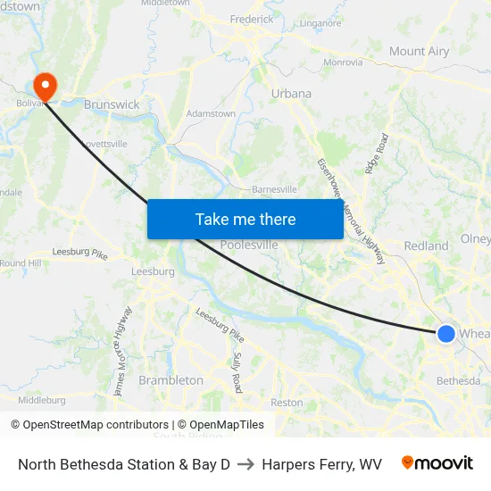 North Bethesda Station & Bay D to Harpers Ferry, WV map