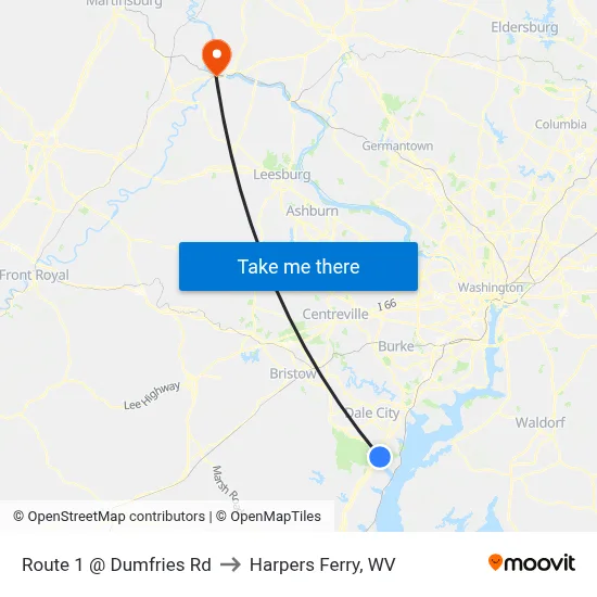 Route 1 @ Dumfries Rd to Harpers Ferry, WV map