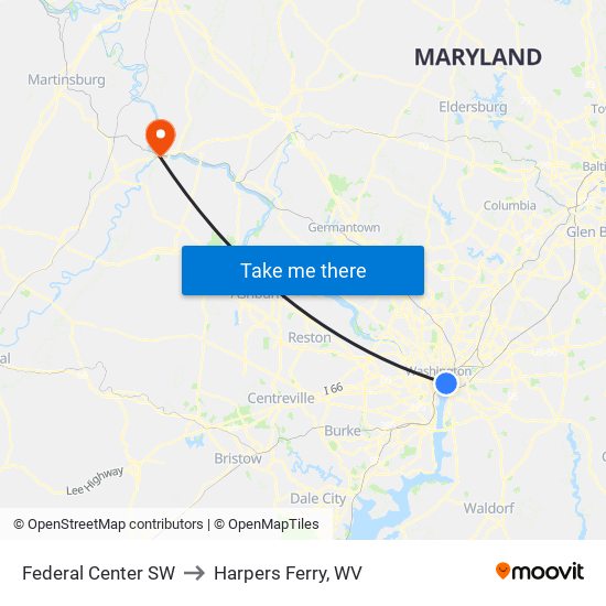 Federal Center SW to Harpers Ferry, WV map