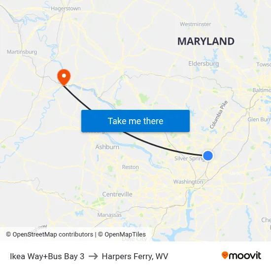 Ikea Way+Bus Bay 3 to Harpers Ferry, WV map