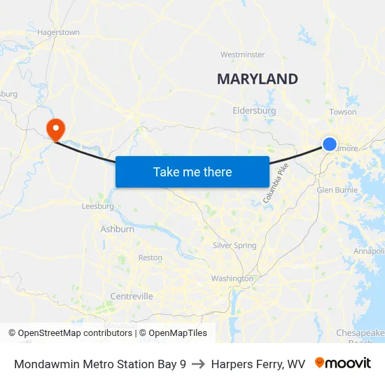 Mondawmin Metro Station Bay 9 to Harpers Ferry, WV map
